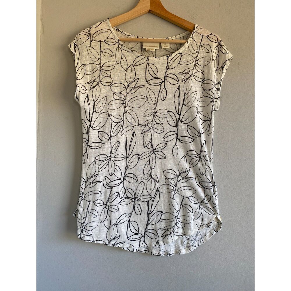CYNTHIA ROWLEY Floral Linen Top, White Black Women's Small Abstract Art To Wear